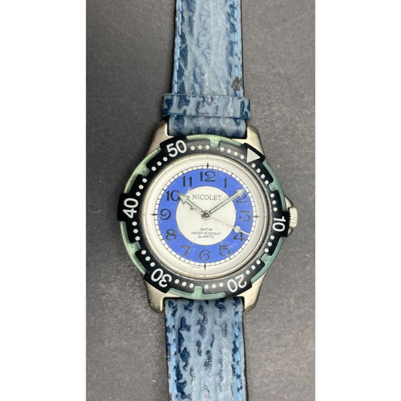 Nicolet 3TM Quartz Wristwatch Rotating Bezel Blue White Dial Leather Band w/ Tag